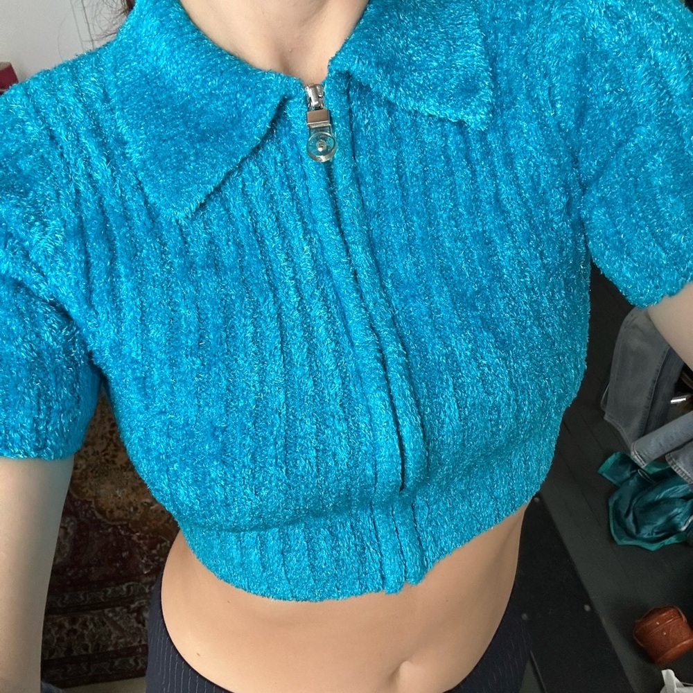 Blue y2k Zip Up Crop Sweater - Picture 2 of 3